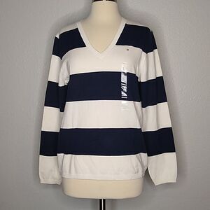 Tommy Hilfiger Navy White Nautical Striped Preppy Top Lg